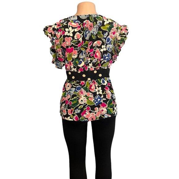 3/$30 🍂 Odille Anthropologie Floral Silk Cap Sleeve Wrap Shirt Multicolor - Picture 7 of 9